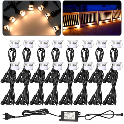 16er Set Treppenbeleuchtung Bodeneinbauleuchten Aussen Led, Ø31mm 12V Warmweiß Bodeneinbaustrahler Led Mini Spots Treppenspots, IP67 Wasserdicht Led Deck Light für Küche Garten Gehweg Holzbrücke von GEYUEYA Home