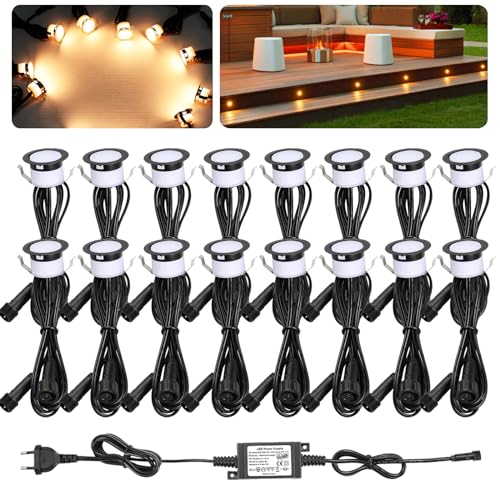 16er Set Warmweiß Bodeneinbaustrahler Aussen Led, Ø31mm DC12V Mini Spots Led Deck Light Terrassenbeleuchtung Bodeneinbauleuchten, IP67 Wasserdicht Led Einbaustrahler Aussen für Garten Treppen Holzdeck von GEYUEYA Home