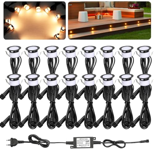 16er Set Warmweiß Bodeneinbaustrahler Aussen Led, Ø31mm DC12V Mini Spots Led Deck Light Terrassenbeleuchtung Bodeneinbauleuchten, IP67 Wasserdicht Led Einbaustrahler Aussen für Garten Treppen Holzdeck von GEYUEYA Home