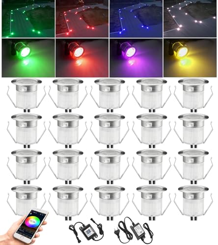 20er Bluetooth RGB Led Bodeneinbauleuchten Aussen, Ø30mm Dimmbar 12V 0.5W IP67 Wasserdicht Bodeneinbaustrahler Led Einbaustrahler Außen Led Terassenbeleuchtung Bodenspots für Terrasse Garten Küche von GEYUEYA Home