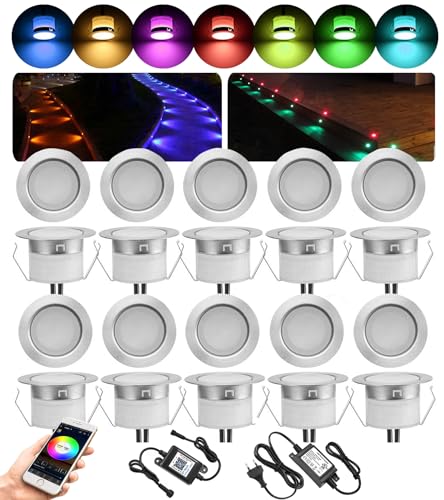 20er Bluetooth RGBWW Led Bodeneinbauleuchten Aussen, Ø31mm Dimmbar Led Bodeneinbaustrahler Bodenspots Terrassen Einbaustrahler Außen, DC12V 0.5W IP67 Wasserdicht Terassenbeleuchtung (RGB + Warmweiß) von GEYUEYA Home