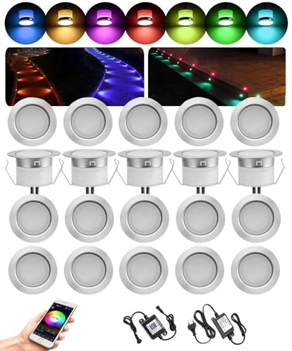 20er Led Bodeneinbauleuchten Aussen RGBWW, Ø31mm Bluetooth Led Bodeneinbaustrahler Bodenspots Terrassen Einbaustrahler Außen, DC12V 0.5W IP67 Wasserdicht Terassenbeleuchtung (RGB + Warmweiß) von GEYUEYA Home