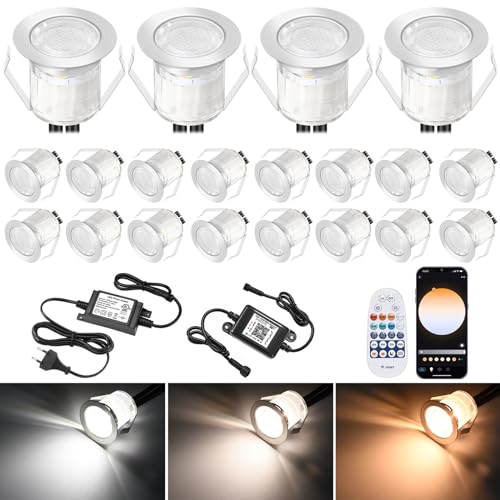 20er WIFI CCT Led Treppenbeleuchtung, Ø30mm 12v Mini Spot Bodeneinbaustrahler Aussen Led Bodeneinbauleuchten, Warmweiß Kaltweiß CCT, IP67 Wasserdicht, APP Steuerbar, Kompatibel mit Alexa Google Home von GEYUEYA Home