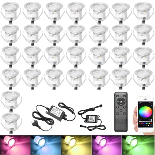GEYUEYA Home 30 Stück WIFI Bluetooth RGB LED-Einbauleuchten für den Außenbereich, Ø30 mm RGB LED-Spot, Einbaustrahler, Boden, wasserdicht, IP67, DC12 V, 0,6 W, Umgebungslicht für Terrasse und Patio von GEYUEYA Home