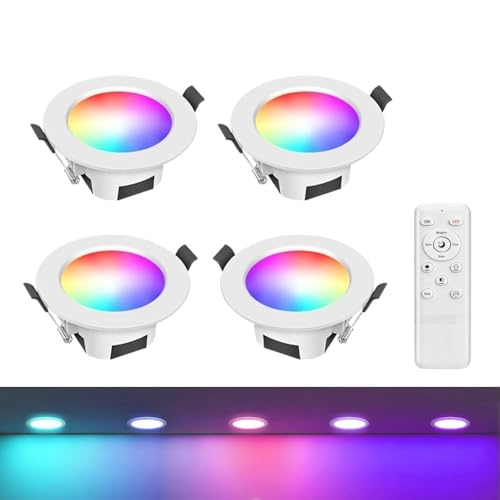 GEYUEYA Home Led Spots 230v 4er Set, Led 230v 9W RGBCW WLAN/Bluetooth Einbaustrahler Kit mit Fernbedienung, Spots Deckenleuchte, Deckenspots für Küche Wohnzimmer Schlafzimmer（Weißes Gehäuse） von GEYUEYA Home