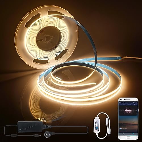 5M WiFi COB LED Streifen Warmweiss mit Controller und Netzteil, 3000K Dimmbar COB LED Lichtband Led Strip DIY Lichtleiste, 12V 320LEDs/M, APP Steuerbar, Kompatibel mit Alexa Google Home von GEYUEYA Home