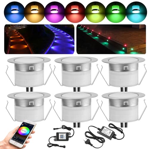 6er Bluetooth RGBWW Led Bodeneinbauleuchten Aussen, Ø31mm Dimmbar Led Bodeneinbaustrahler Bodenspots Terrassen Einbaustrahler Außen, DC12V 0.5W IP67 Wasserdicht Terassenbeleuchtung (RGB + Warmweiß) von GEYUEYA Home