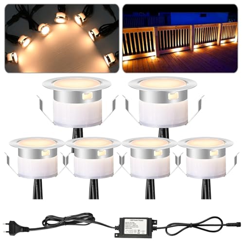 6er Set 12V Led Bodeneinbaustrahler Aussen, Ø31mm Warmweiß Bodeneinbauleuchten Led Mini Spots Treppenspots, IP67 Wasserdicht Treppenbeleuchtung Led Deck Light für Küche Garten Gehweg Holzbrücke von GEYUEYA Home