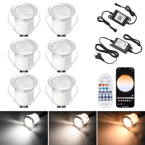 6er WIFI Bodeneinbaustrahler Aussen CCT, Ø30mm 12v Mini Spot Led Treppenbeleuchtung Led Bodeneinbauleuchten, Warmweiß Kaltweiß CCT, IP67 Wasserdicht, APP Steuerbar, Kompatibel mit Alexa Google Home von GEYUEYA Home