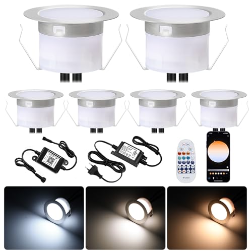 6er WIFI Bodeneinbaustrahler Aussen CCT Warmweiß Kaltweiß, Ø45mm 12v Mini Spot Led Treppenbeleuchtung Led Bodeneinbauleuchten, IP67 Wasserdicht, APP Steuerbar, Kompatibel mit Alexa Google Home von GEYUEYA Home