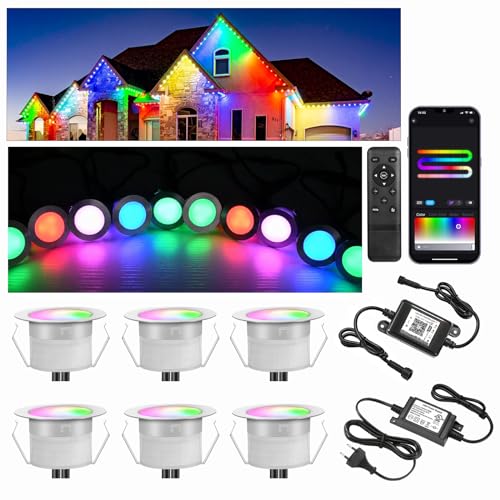 6er WIFI RGB+IC Bodeneinbaustrahler Aussen, Ø31mm 12v Led Einbaustrahler Led Bodeneinbauleuchten Treppenbeleuchtung Led Mini Spot, IP67 Wasserdicht, APP Steuerbar, Kompatibel mit Alexa Google Home von GEYUEYA Home