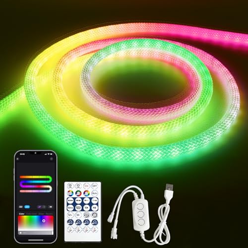 Bluetooth USB RGBIC Neon LED Strip Seil 3m, LED Streifen Neon Outdoor Dimmbar Led Lichtschlauch Led Band Wasserdicht IP65, 50LED/M, APP Steuerbar, Rund Seil Led Strip USB für DIY Schlafzimmer Deko von GEYUEYA Home