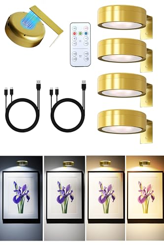 GEYUEYA Home Bilderleuchte Kabellos 4er Set- 2000mAh Akku Bilderleuchte Drei Lichtfarben USB Aufladbar mit Fernbedienung, USB Kable und Montagezubehör, Timer-Funktion（Golden） von GEYUEYA Home
