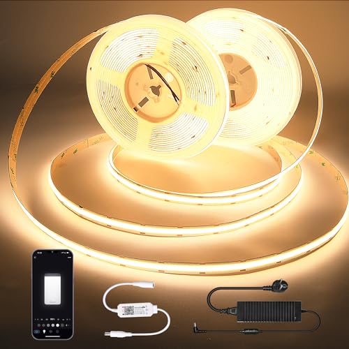 GEYUEYA Home COB LED Streifen 15M Dimmbar LED Strip Warmweiss 24V LED Band 10mm Breit 384LEDs/M LED Streifen mit Netzteil für Schlafzimmer Küche Spiegel Heimdekoration von GEYUEYA Home