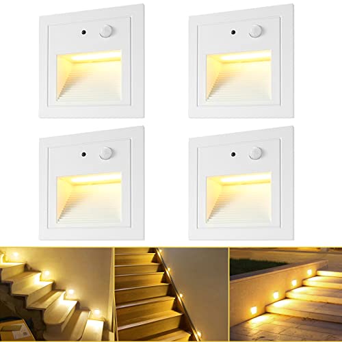GEYUEYA Home LED Treppenbeleuchtung Warmweiß 4er Set, mit Bewegungsmelder, Treppenlicht, IP65 Wasserdicht, 230V Sicherheit, 3W Gleichmäßige warme Lichtquelle, Aluminuim(Weißes) von GEYUEYA Home