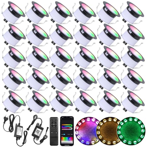 WIFI Bodeneinbaustrahler Aussen Led RGBW+IC, Ø31mm 12V Bodeneinbauleuchten Led Mini Spot Einbaustrahler Treppenbeleuchtung, IP67 Wasserdicht, APP Steuerbar, Kompatibel mit Alexa Google Home(30er) von GEYUEYA Home