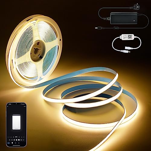 WIFI COB LED Strip 5m Warmweiß, 24V 3000K COB LED Streifen Warmweiss Dimmbar LED Band, Hohe Helligkeit, 384LEDs/M, APP Steuerbar, Alexa LED Strip COB LED Lichtleiste Kompatibel mit Alexa Google Home von GEYUEYA Home