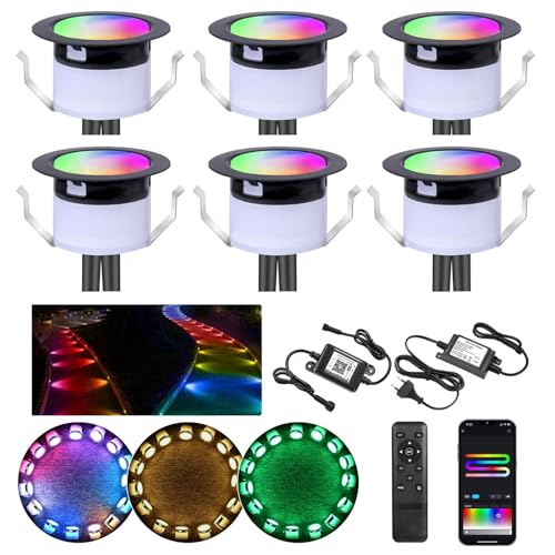 WIFI RGBW+IC Terrassen Bodeneinbaustrahler Aussen Led, Ø31mm 12V Mini Spots Led Einbaustrahler Terrassenbeleuchtung, IP67 Wasserdicht, APP Steuerbar, Kompatibel mit Alexa Google Home (6er) von GEYUEYA Home