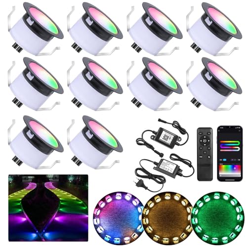 WIFI Terrassen Bodeneinbaustrahler Aussen Led RGBW+IC, Ø31mm 12V Terrassenbeleuchtung Mini Spots Led Einbaustrahler, IP67 Wasserdicht, APP Steuerbar, Kompatibel mit Alexa Google Home (10er) von GEYUEYA Home
