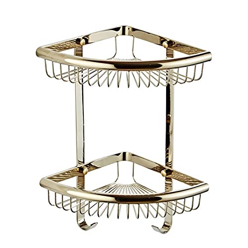 GFAZXDS Badezimmerregale, zweilagiges Badezimmer-Eckregal mit Haken, Metall, Kupfer, fächerförmig, breitseitig, Kupfergitterkorb (goldfrei) von GFAZXDS