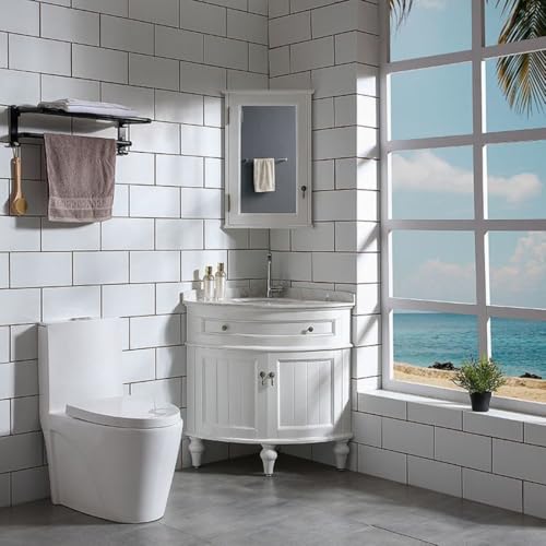 GFAZXDS Eck-Badezimmer-Waschtisch mit Waschbecken und oberem Spiegelschrank, Badezimmer-Aufbewahrungsschrank, Massivholz, Einzelwaschbecken, schwimmende Waschwanne mit Regal, Organizer, Eckschrank von GFAZXDS
