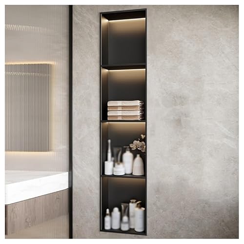 GFAZXDS Wandnische aus Edelstahl, Einbau-Nische mit LED-Licht, wasserdichtes Organizer-Regal für Badezimmer, keine Fliesen erforderlich (7855406, Schwarz, 120 x 28 x 12,5 cm) von GFAZXDS