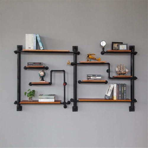 GFAZXDS Wandregal aus Holz im Industrie-Stil, industrielles Rohr, mehrschichtiges Bücherregal, Blumenständer, antikes Metall, schwebendes Regal, Wandaufbewahrungsregal (Fotofarbe: 120 x 220 x 20 cm) von GFAZXDS