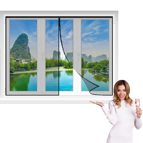 Fliegengitter Fenster Magnet 95x115cm Schwarz Fliegengitter aus Verstellbares Moskitonetz Fenster Insektengitter kein Bohren oder Schrauben von GFCYGG