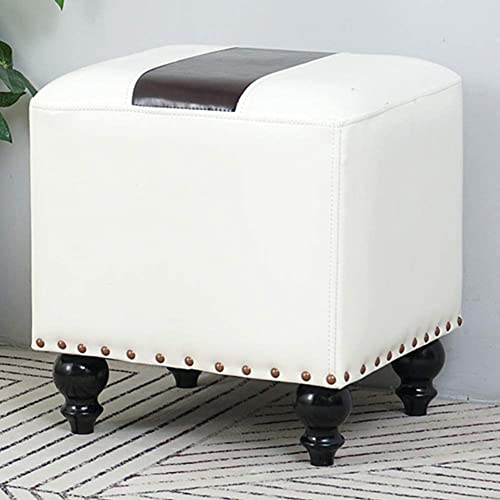 Leder Gepolsterter Cube Pouf Ottoman,Fußhocker Massivholz Quadratisch Leder Wohnzimmer Couchtisch Kleine Bank-weiß 40x34x40cm(16x13x16inch) von GFHQDPSC