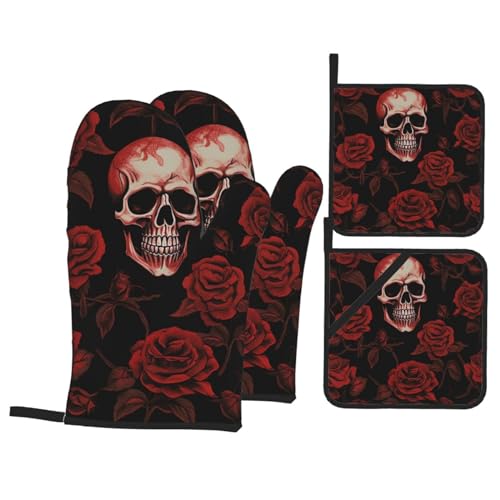 Ofenhandschuhe und Topflappen-Set, 4-teilig, Küchen-Ofenhandschuh, Totenkopf-Rose, Ofenhandschuh, hitzebeständig, Ofenhandschuh zum Kochen, rutschfeste Kochhandschuhe, waschbare Topflappen zum Backen von GFLFMXZW