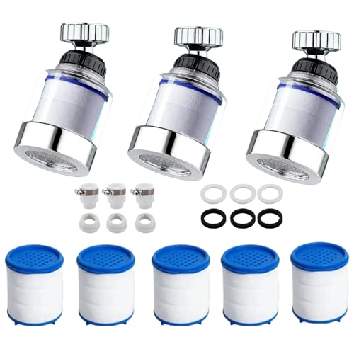 3 Stück Wasserfilter Wasserhahn, 360° Water Filter Tap und 5 Stück PP-Baumwolle Filterelement, Wasserhahn Filter, Water Filter Tap (Passend für 15-25 mm Außendurchmesser) von GFTCGK