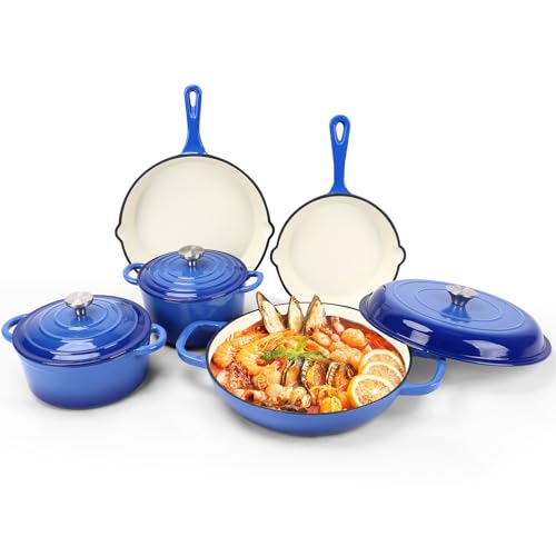 GFTIME Antihaft Emaille Gusseisen Kochgeschirr Set - 8 teiliges Töpfe und Pfannen mit Deckel, Bratpfanne, Schmortopf, Dutch Oven Set für alle Herdarten, ideal für Brotbacken, Kobaltblau von GFTIME