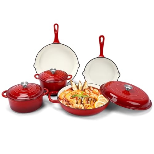 GFTIME Antihaft Emaille Gusseisen Kochgeschirr Set - 8 teiliges Töpfe und Pfannen mit Deckel, Bratpfanne, Schmortopf, Dutch Oven Set für alle Herdarten, ideal für Brotbacken, Rot von GFTIME