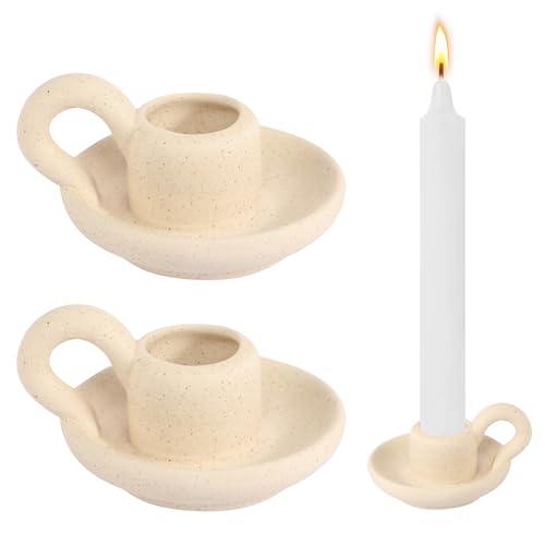 Kerzenständer aus Keramik 2er Set Keramik Kerzenhalter Nordischer Stil Kerzenständer mit Griff Stabkerzenhalter für Tischdekoration Party Hochzeit (Beige) von GFUEIGJ