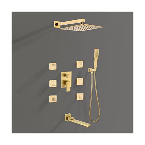 10 -Zoll -Duschsystem mit Regenduschkopf, Duschkombination Set Wandmontage Duschhahn Set Eingriff Rain Mixer Duschkombination mit Handheld, Körperdüsen, Wanne, schwarzer Gol (gebürstet von GFVARBNT(小さな店)