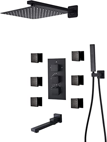 Duschsystem thermostatisch versteckte Duscharmaturen -Set -Wand -mattem mattem schwarzen Anti -Verbrichtungs -Dusch -Kombination mit 6 Körpersprays mit Handdusche und Wasserfall -Niederschlagskopf, 1 von GFVARBNT(小さな店)