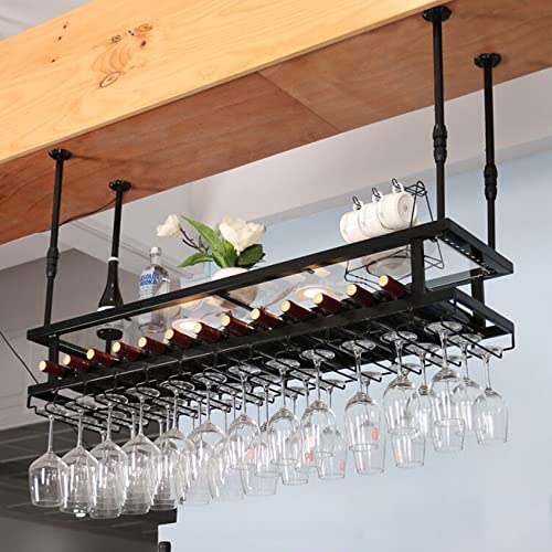 FDTMGW Industrial Hanging Wine Rack mit Verstellbarer Glashalter und Regal 2 Schicht Deckenmontage -Metallstange für Weinflaschen und Gläser von GFVARBNT(小さな店)