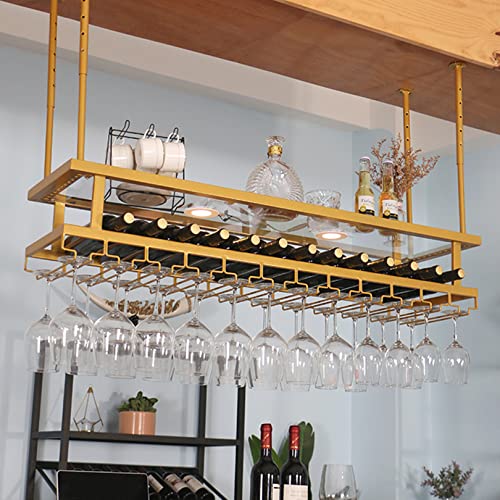 FDTMGW Industrial Hanging Wine Rack mit Verstellbarer Glashalter und Regal 2 Schicht Deckenmontage -Metallstange für Weinflaschen und Gläser von GFVARBNT(小さな店)