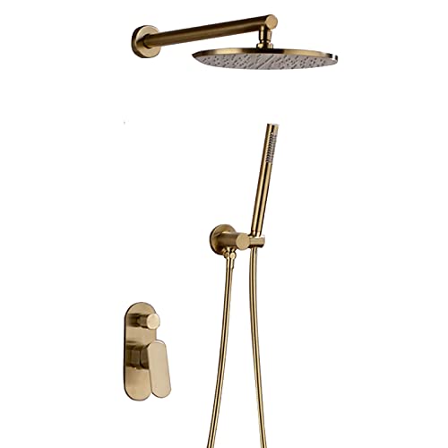 Regenduschsystem mit runden Duschkopf, gebürstete goldene Duschhahn -Wasserhahn -Messing -Messing Duschdusche Combo Set Einer Griff Regenmixer Dusche mit Handheld -Dusche, 10 Zoll (10 Zoll) von GFVARBNT(小さな店)