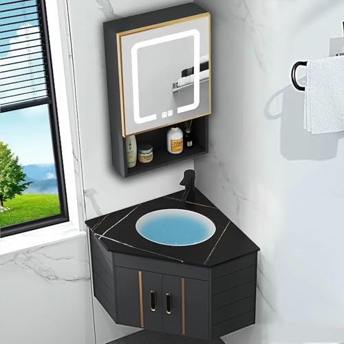 GFXYQPDNV Eck-Badezimmer-Waschtisch, Eck-Waschtisch mit Keramikspüle, LED-Medizinschränke, Wandmontage, Badezimmer-Waschtisch-Set für kleinen Raum (grau) von GFXYQPDNV