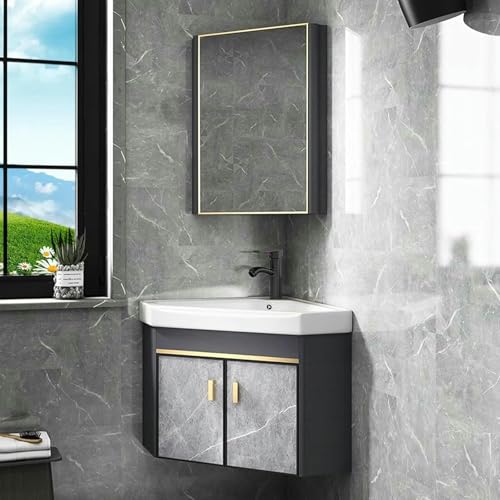 GFXYQPDNV Eck-Badezimmer-Waschtisch und Waschbecken mit Medizinschränken, Waschwanne, Waschbeckenkombination, Wandmontage, Kombi-Schrank-Set für kleinen Raum (56 cm) von GFXYQPDNV