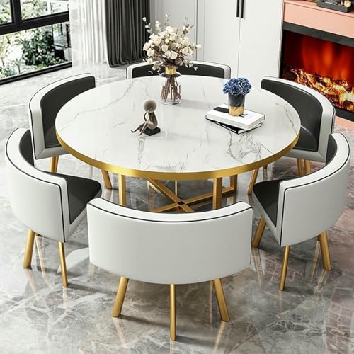 GFXYQPDNV Tisch- und Stuhlset für Büro-Empfangsraum, runder Esstisch mit weicher Rückenlehne, Moderne Möbel, Kaffeetisch, Freizeittisch, PU-Lederstuhl, Metallbeine von GFXYQPDNV