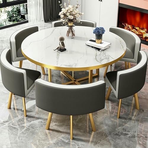 GFXYQPDNV Tisch- und Stuhlset für Büro-Empfangsraum, runder Esstisch mit weicher Rückenlehne, Moderne Möbel, Kaffeetisch, Freizeittisch, PU-Lederstuhl, Metallbeine von GFXYQPDNV