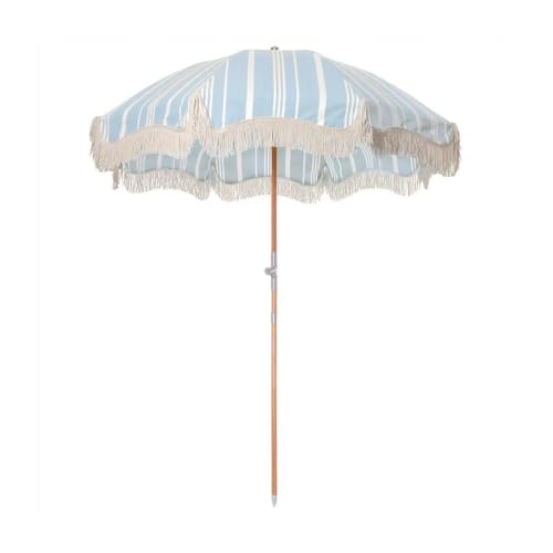 GFYHTN Strandschirme mit Fransen 200cm, Gartensonnenschirm aus Holz mit Quasten, Faltbarer Terrassenschirm für Rasen Pool Hoftisch(Blue Stripe) von GFYHTN