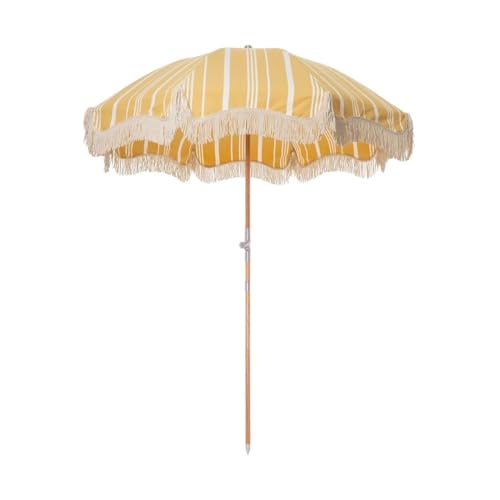 GFYHTN Strandschirme mit Fransen 200cm, Gartensonnenschirm aus Holz mit Quasten, Faltbarer Terrassenschirm für Rasen Pool Hoftisch(Yellow Stripe) von GFYHTN