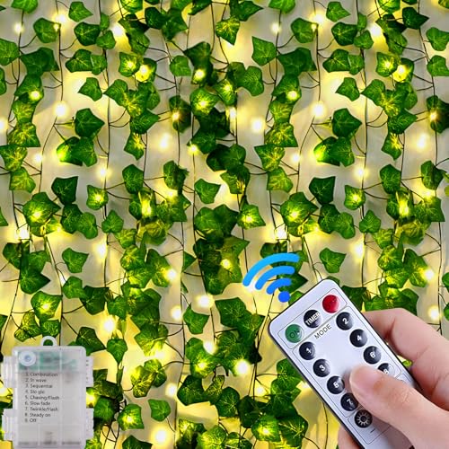 GGII 2 Stück 2m 40LED Efeugirlande Lichterkette Künstlich USB – 8 Modi Wasserdicht Mit Fernwirktechnik, Blumengirlande Hängend Pflanzen Für Innenberei & Party von GGII