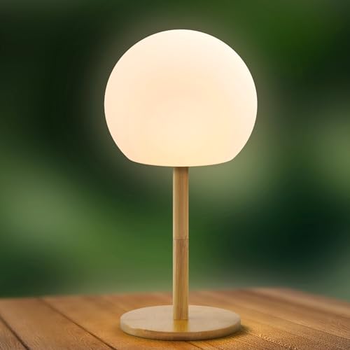 GGII Holz LED Akku Tischlampe, LED Kabellose Tischlampe mit 2 Helligkeitsstufen (warm- und kaltweiß), wasserdicht (IP44) und verstellbare Schreibtischlampe, geeignet für Innen- und Außenbeleuchtung von GGII