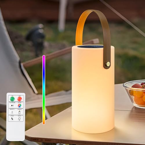 GGOO Solar Tischlampe Outdoor Tischleuchte mit Fernbedienung, Dimmbar Warmweiß und RGB LED Tischlampe Kabellos,Tragbare Aufladbar Solarlampen für Garten Dekorationen Terrasse Camping von GGOO