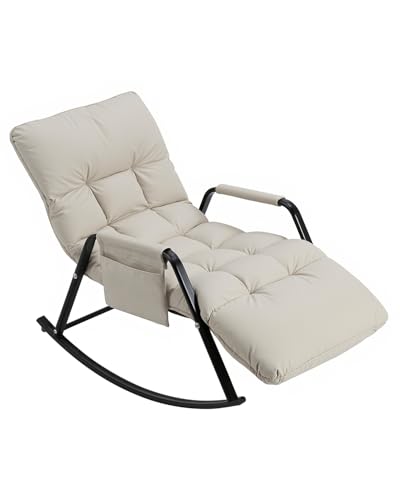 GGK Möbel Schaukelstuhl Metall beige Sessel Wohnzimmer Schaukelsessel mit Fußstütze 160° Verstellbare Rückenlehne & Armlehne bis 160 kg belastbar gemütlicher Lesestuhl für Schlafzimmer & Wohnzimmer von GGK Möbel