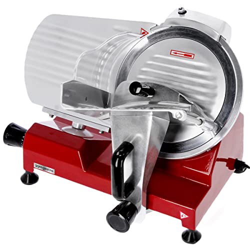 GGM Gastro Food Slicer - 250cm Messer - 150 W - Präzisionsschneiden - Handschutz für sicheren Betrieb - Spritzschutz - Edelstahl - Rot - AMH250R von GGM Gastro